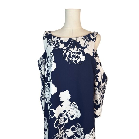 NWOT Jessica Howard Size 18 Navy & White Floral Cold Shoulder Dress Polyester - Picture 5 of 16